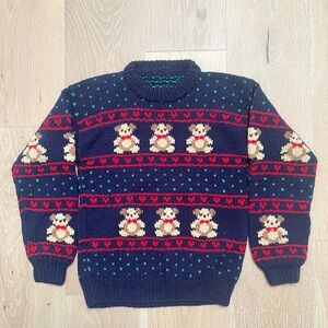 Vintage Handmade Knit Teddy Bear Hearts Navy Blue Sweater